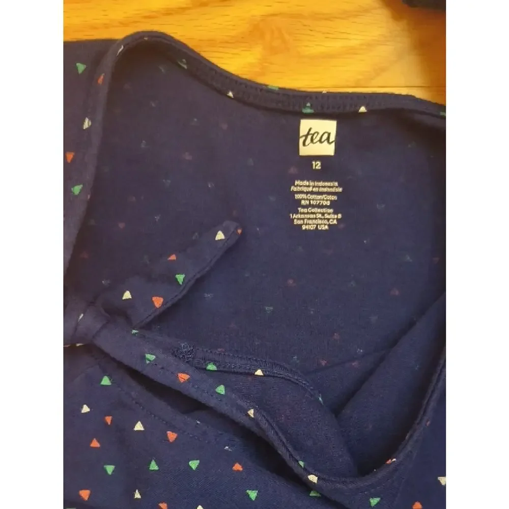 Tea Collection Navy Tie-Shoulder Dress with Multicolor Heart Dots Size 12 EUC
